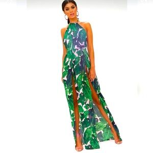 PrettyLittleThing Green and White Tropical Backless Halter Maxi Dress